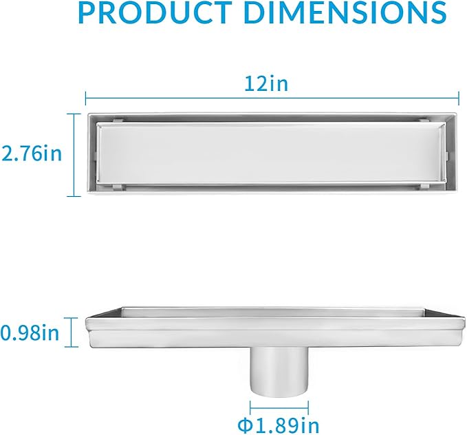 12 Inch Linear Shower Drain Silver Floor Drain for Bathroom Kitchen Rectangular 2 in 1 Floor Drain Tile Insert Cover 304 Stainless Steel Easy Install with Hair Strainer, Adjustable Leveling Feet