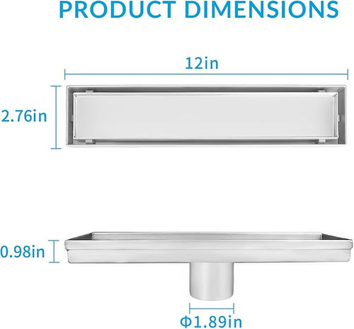 12 Inch Linear Shower Drain Silver Floor Drain for Bathroom Kitchen Rectangular 2 in 1 Floor Drain Tile Insert Cover 304 Stainless Steel Easy Install with Hair Strainer, Adjustable Leveling Feet