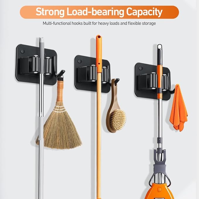 4-Pack Single Mop Holder with A Sturdy Hook. Non-Slip Broom Dustpan Rack, Wall Mount Stainless Steel Storage Hanger with Screws for Garage Bathroom Garden Kitchen, Matte Black.
