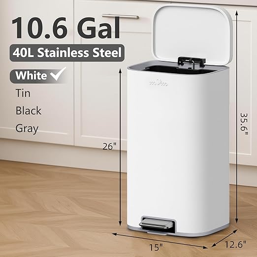 mVm 10.6 Gal Kitchen Trash Can, Step Trash Can with Lid, Smooth Edge Garbage Bin for Home Office (White)