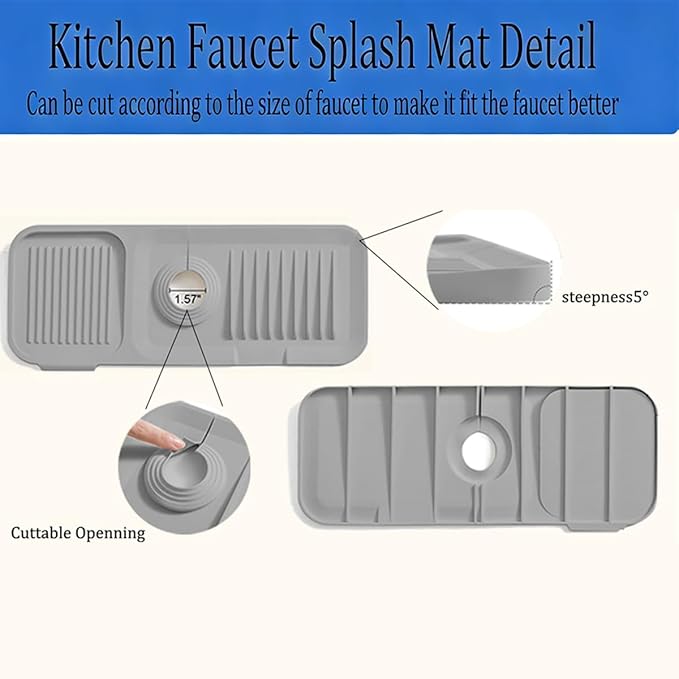 Silicone Sink Splash Guard for Kitchen & Bathroom, 17.7 inch Faucet Mat with 5° Slope & Cuttable Hole, Fast Draining Drip Catcher Tray, Dish Soap Sponge Holder, Drying Mat for Counter Top