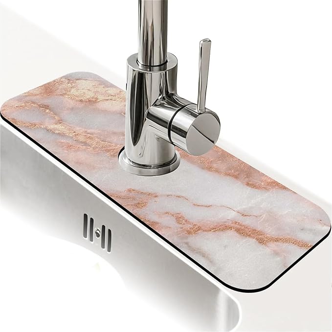 Kitchen Sink Splash Guard，Rose gold white marble Faucet Mat Sink Gadgets-Super Absorbent Fast Drying Mat Drip Catcher for Kitchen, Bathroom,Sink Mat, Dish Drying Mat, Bathroom(15" X 5.5" )