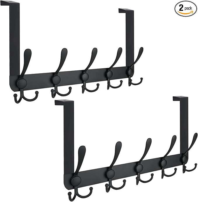 TICONN Over The Door Hooks, 5 Heavy Duty Tri Coat Rack All Metal Coat Hanger for Bathroom Bedroom Dorm (Matte Black, 2PK, Fit 1-3/8" Doors)