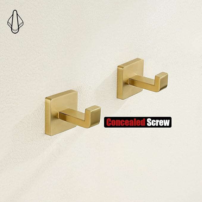 JQK Bathroom Towel Hook Gold, Coat Robe Clothes Bath Wall Hooks for Kitchen Garage SUS 304 Stainless Steel Thick 0.8mm, 2 Pack Brushed Gold, TH250-BG-P2