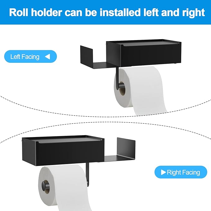 Toilet Paper Holder with Shelf, FUNLEU Self Adhesive Toilet Paper Holder with Storage, Wipe Holder for Bathroom Flushable Wipes Dispenser - Stainless Steel Toilet Holder Wall Mount, Matte Black