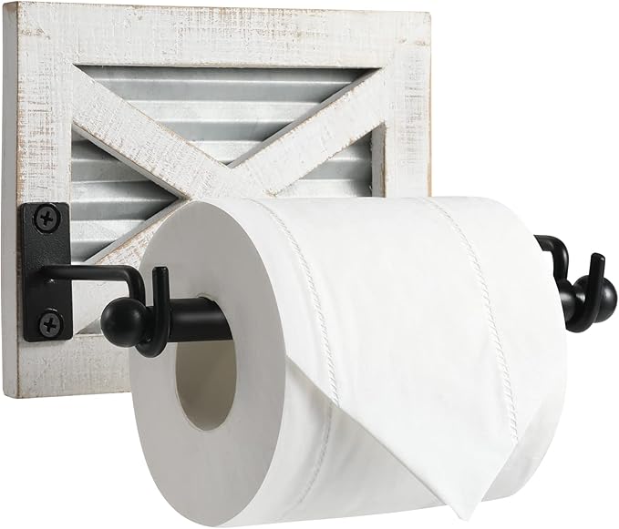 Farmhouse Toilet Paper Holder with Galvanized Metal& Black Metal - Rustic Weathered White Wood Wall Mount Toilet Roll Holder for Bathroom Decor