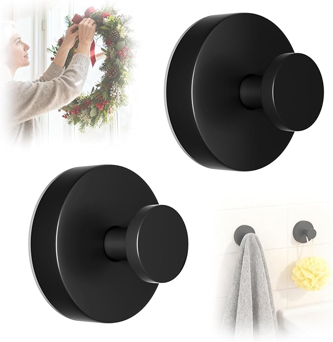 Suction Cup Hooks for Wreaths, 2025 Upgraded Black Wreath Hangers for Front Doors, Strong No-Drill Suction Hooks for Shower/Bathroom/Glass/Mirrors