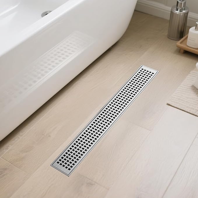 Linear Shower Drain 48 Inch, Brushed AISI 304 Stainless Steel Shower Drain with Square Hole Panel, for Bathroom, Kitchen, Garage & More