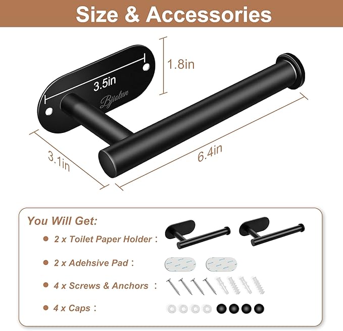 2 Pack Toilet Paper Holder - Bjiotun Black Toilet Paper Holder Wall Mount for Bathroom Storage, Stainless Steel Paper Towel Holder - Strong Adhesion & Screws