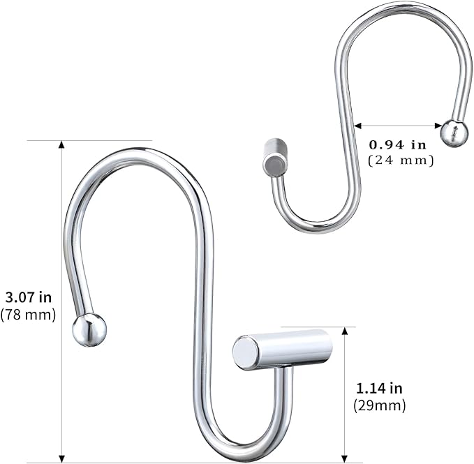 Silver Shower Curtain Hooks,Rust Proof Shower Curtain Rings for Bathroom,Chrome T-Bar Metal Decorative Shower Curtain Hooks Hangers for Shower Curtain Rod,Set of 12