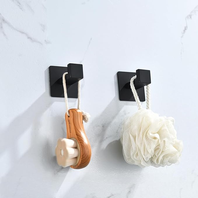 Matte Black Adhesive Hooks, 2-Pack Stainless Steel Right Angle Hooks for Towels, Robes, Hats - No Drill Bathroom & Kitchen Organization, Rust-Proof for Smooth Surfaces