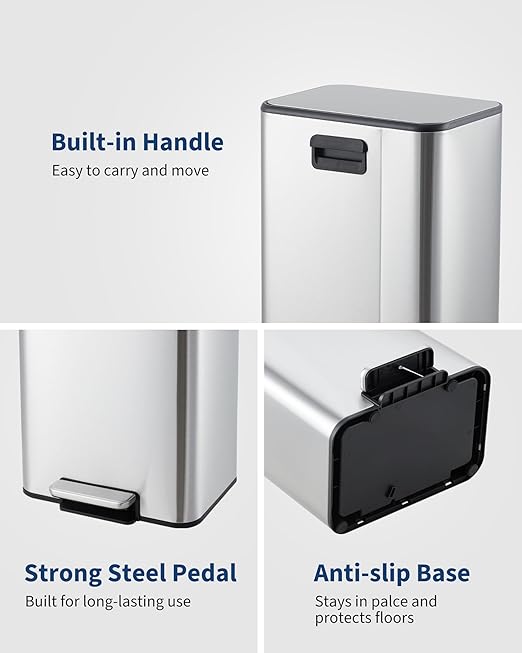 Garvee Space-Saving Bathroom Trash Can, 3.4 Gallon Small Trash Can with Soft-Close Lid, Foot Pedal & Removable Inner Bucket, Rectangular Stainless Steel Garbage Can for Home, Office, Silver