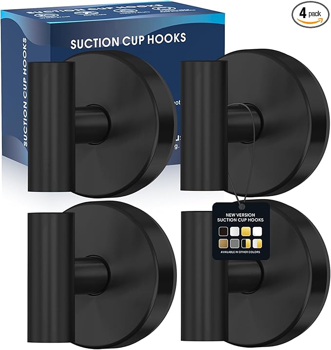 Suction Cup Hooks for Shower,Heavy Duty Shower Towel Suction Hooks,No Drill Wall Mounted Towel Hooks for Bathrooms Wall,Kitchen,Glass,Mirror,Tile to Hang Towels,Robes,Coat-Black(4 Pack)
