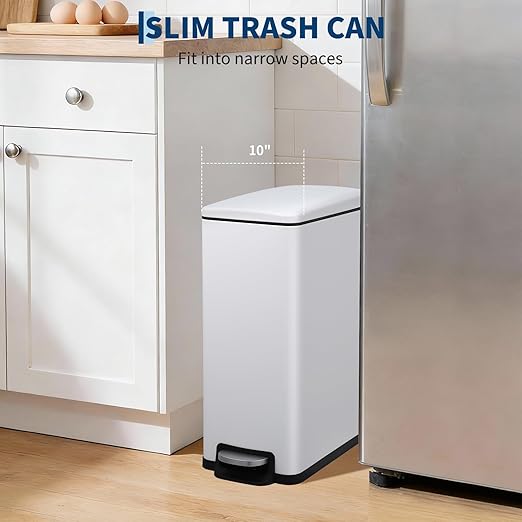Garvee Slim Trash Can with Lid, 12 Gal (45 L) Stainless Steel Kitchen Garbage Can with Inner Bucket and Step On Foot Pedal, Narrow Metal Trash Bin, White
