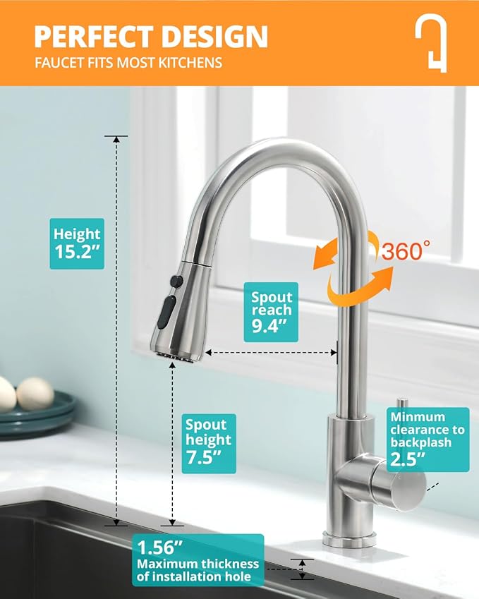 Kicimpro Kitchen Faucet with Pull Down Sprayer, Zero Leakage 3 Hole Brushed Nickel RV Kitchen Sink Faucet with Water Line, NSF Certified Lead-Free 304 Stainless Steel Pull Down Kitchen Faucet