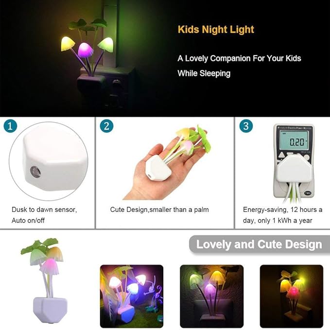 ZEZHOU Silicone Toothbrush Holders for Bathrooms - 6Pcs Razor Holder for Shower Wall Mounted + Sensor Led Mushroom Night Light - 2Pcs Color Changing Plug-in LED Mushroom Dream Bed Lamp