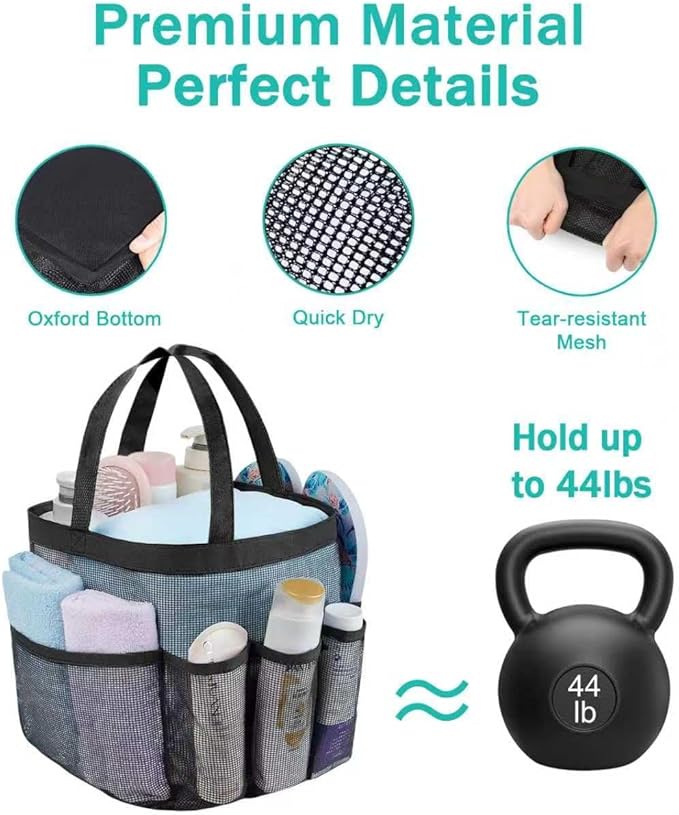 Mesh Shower Caddy Portable for College Dorm Room Essentials organizer, 8-Pocket Large Capacity, Quick Dry Shower hanging Caddy Dorm Basket for Bathroom Beach, Toiletry,Swimming, Gym,Camping (Black)