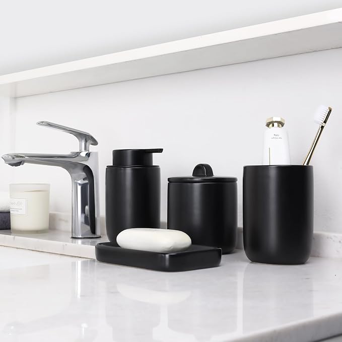 BosilunLife Ceramic Bathroom Accessories Sets - Black Bathroom Vanity Sets Accessories Soap Dispenser Toothbrush Holder Set, Soap Dish and Cotton Swab Jars, Bath Accessories Sets for Bathroom