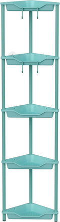 Orimade Rustproof 5 Tier Floor Standing Corner Shower Caddy Organizer, Plastic Metal Splicing Floor Corner Shelf Rack Stands for Bathroom, Blue