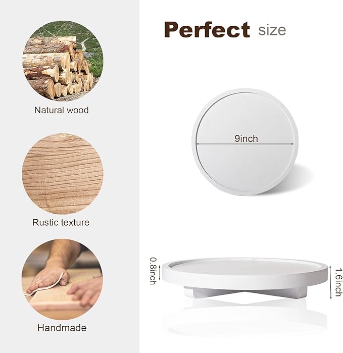 Round Decorative Tray Wood Bathroom Counter Organizer Farmhouse Kitchen Decor Wooden Riser for Soap Dish, Perfume, Candle, Sponge, 9" - White