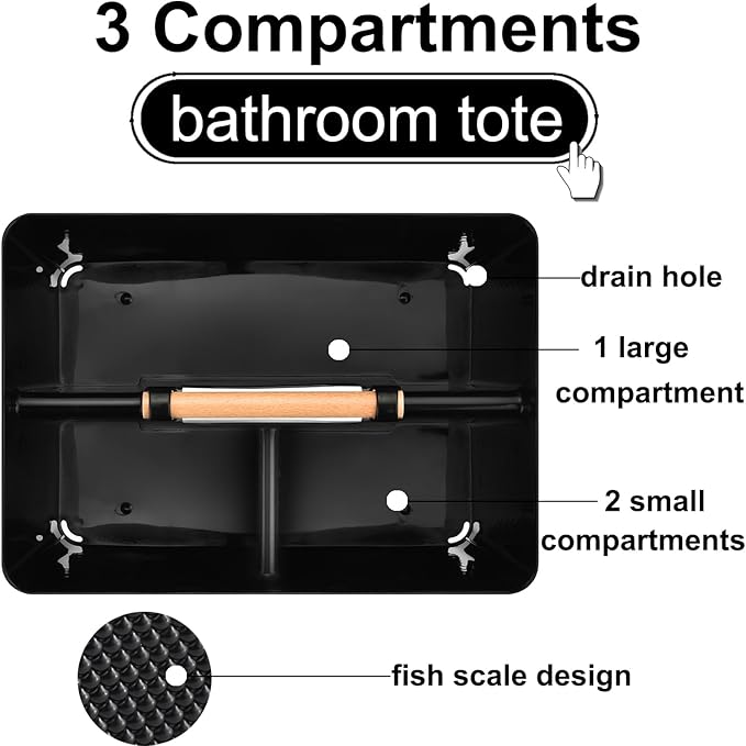 Haundry Plastic Black Shower Caddy Basket with 3 Compartments, Portable Divided Bathroom Cleaning Caddy Organizer Storage Tote with Handle for Dorm, College, Room Essentials