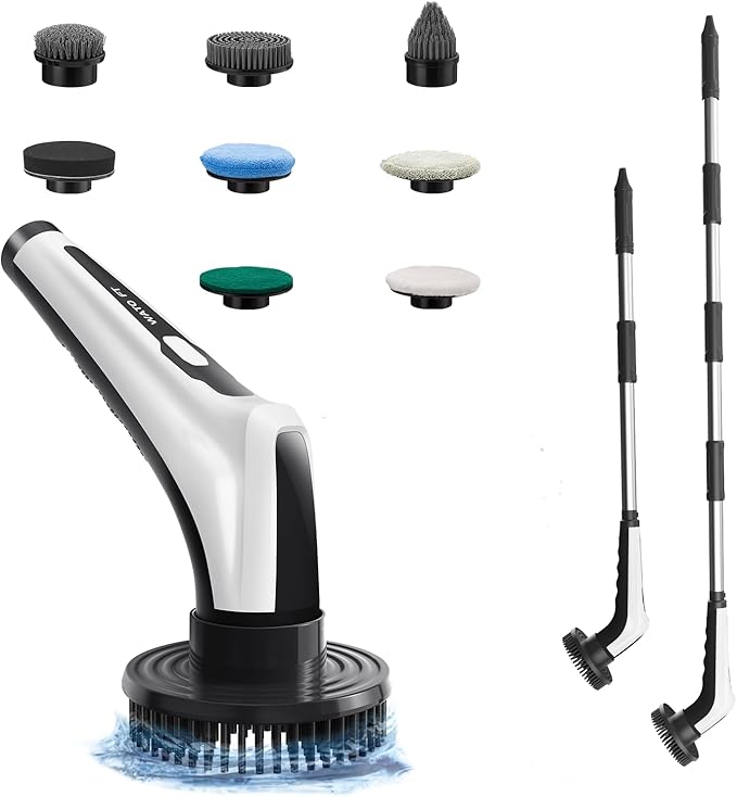 Electric Rotary Cleaner, Adjustable Long Handle Electric Cleaning Brush, 8 Replaceable Brush Heads, 2 Speeds, Handheld Electric Multifunctional Cleaning Brush (Black&White)