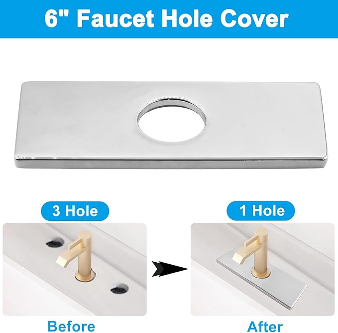Biaungdo 6" Hole Cover Deck Plate, Polished Chrome Escutcheon Plate Stainless Steel Bathroom Faucet Plate Rectangle Faucet Cover Plate for 1 or 3 Hole Bathroom Vanity Sink Faucet
