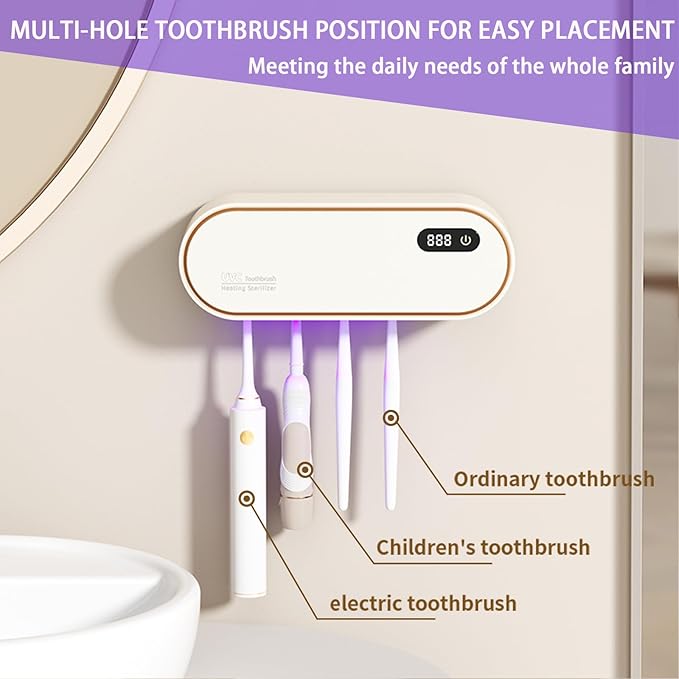 Toothbrush Holders for Bathrooms,Electric Toothbrush Holder with 24-Hour Smart Cycle Cleaning and hot air Drying, LED Display, Rechargeable Wall Mounted Tooth Brushing Holder (White)