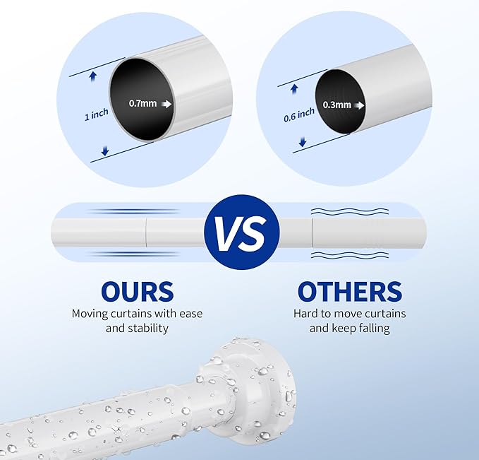 Shower Curtain Rod, 1" Diameter Heavy Duty Tension Shower Rod, Non Slip Adjustable 28-74 inch No Drill Shower Curtain Rods Spring Tension For Bathroom, Shower Stall, No Rust, White