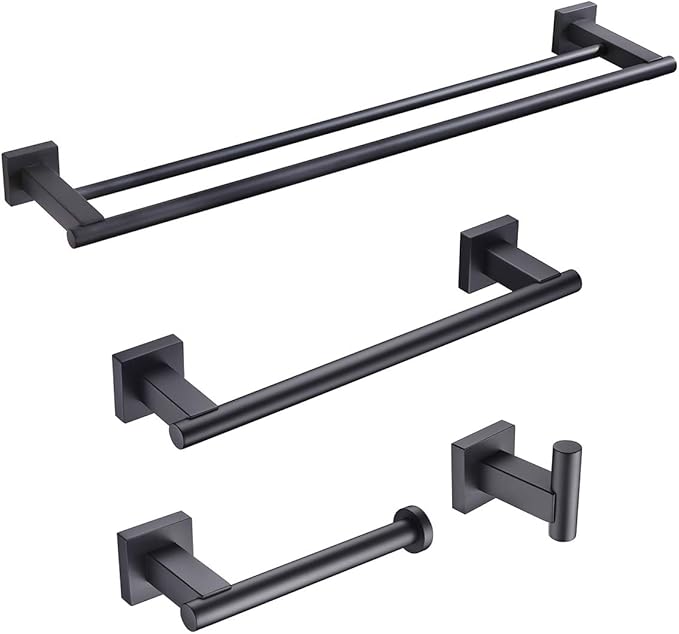 Miyili Matte Black 4-Piece Bathroom Hardware Kit Set Stainless Steel Wall Mount - Includes Double Towel Bar, Hand Towel Rack, Toilet Paper Holder, Robe Hook, BS02B4