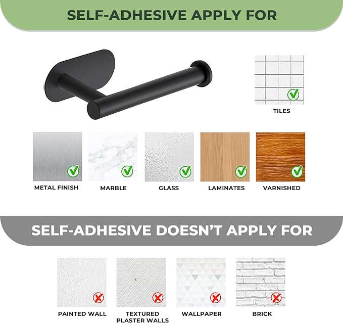 1 Pack Adhesive Toilet Roll Holder Stand - Matte Black SUS304 Stainless Steel, Rustproof Toilet Paper Holder No Drilling Tissue Holder for Kitchen Bathroom Wall Mount Bathroom Tissue Holder