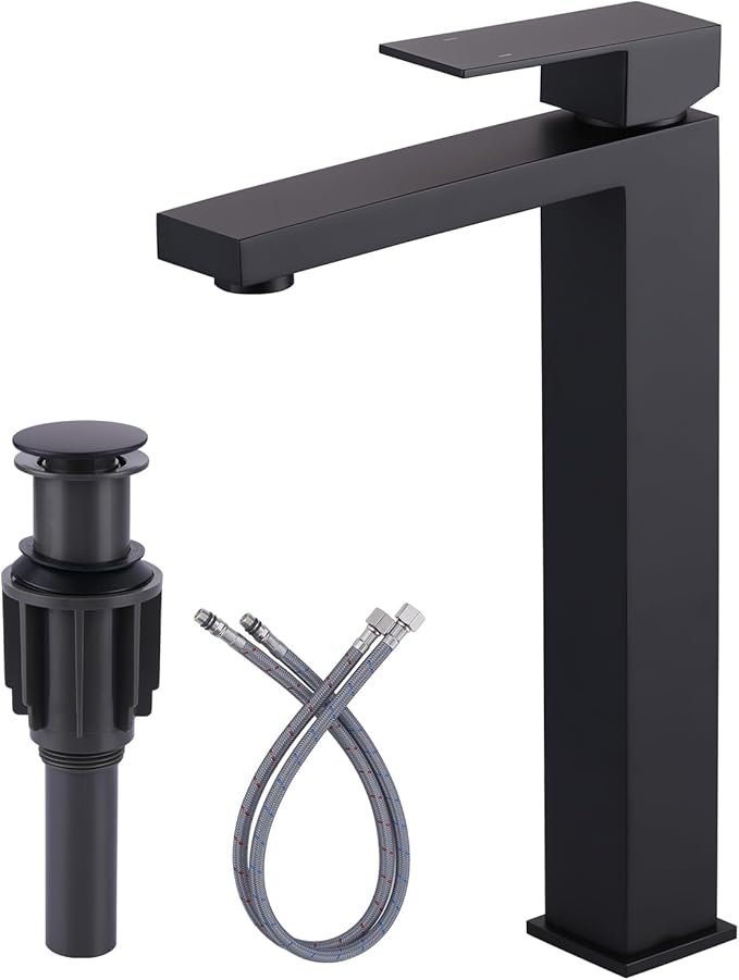 Vessel Sink Faucet Matte Black, ARCORA Single Handle Tall Bathroom Faucet, Single Hole Lavatory Vanity Mixer Tap with Pop Up Drain and Faucet Supply Lines