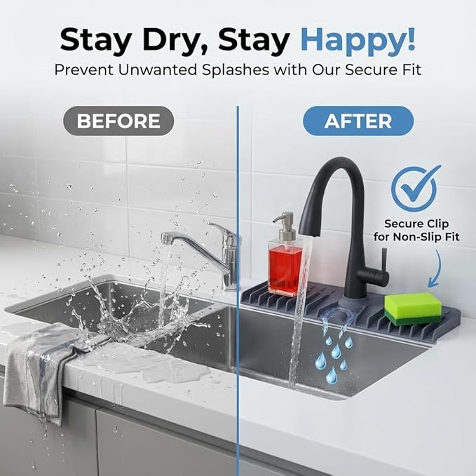 Premium Kitchen Sink Splash Guard - [18" x 5.7"] Silicone Sink Mat with Secure Clip, 10° Slope Silicone Faucet Mat for Kitchen Sink, Splash Guard Behind Faucet, Non-Slip Secure Fit