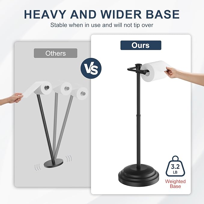 Bathroom Toilet Paper Holder Stand, Matte Black Toilet Paper Holder Free Standing, Stainless Steel Pivoting Toilet Tissue Roll Holder，Adjustable Height (14 to 24 Inch) Paper Holder