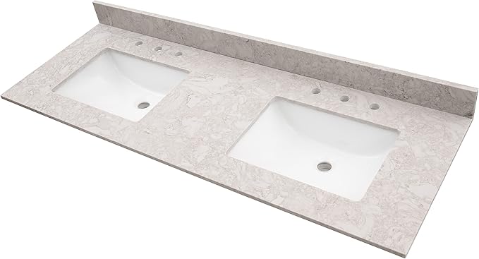 MSI Drifting Fog Vanity Top with Under Mount Rectangle Double Bowl Ceramic Sinks, Engineered Marble Stone, 4" CC Faucet Holes, 61"X22"