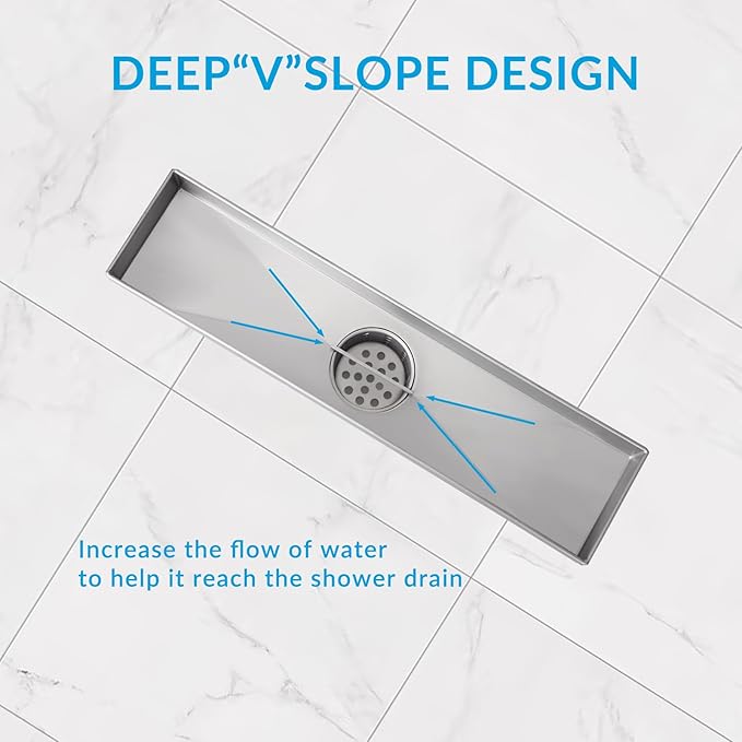 12 Inch Linear Shower Drain Silver Floor Drain for Bathroom Kitchen Rectangular 2 in 1 Floor Drain Tile Insert Cover 304 Stainless Steel Easy Install with Hair Strainer, Adjustable Leveling Feet