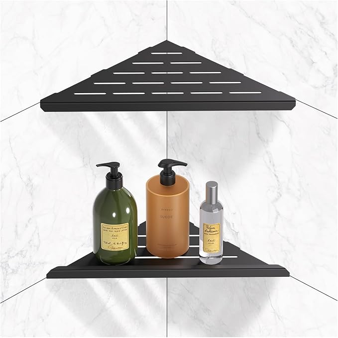 YACVCL Corner Shower Shelf,10" Black 304 Stainless Steel Hole-Free Inset Corner Storage Shelf for Tiled 90° Walls,Bathroom Accessories,Set of 2