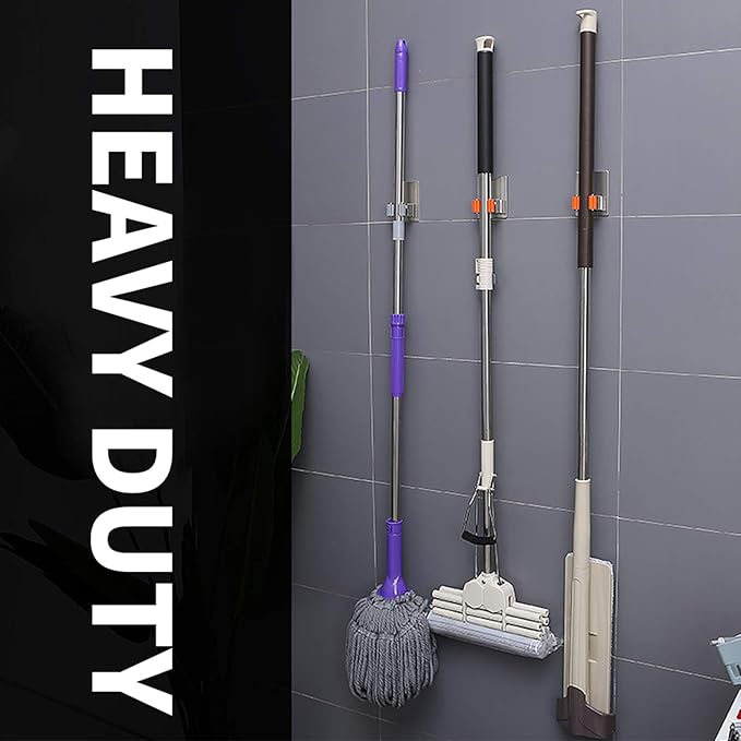 Stainless Steel Self Adhesive Broom Holder Wall Mount - Heavy Duty Mop and Broom Hooks Organizer, No Drill Magnetic Broom Hanger for Kitchen, Bathroom, Garage-Orange (4 Pack)