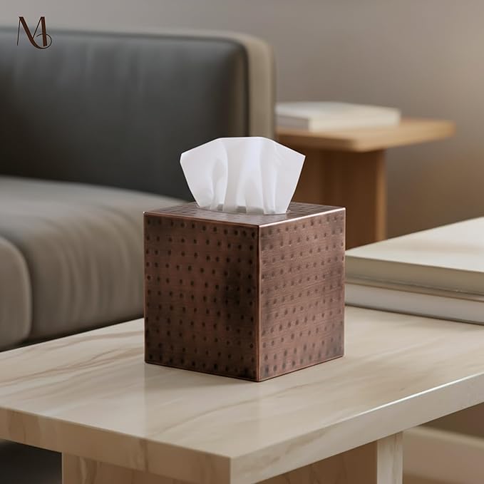 Monarch Abode Tissue Box Cover Square – Hand Hammered Antique Copper Metal Tissue Holder Box for Bathroom Accessory, Aesthetic Decorative Facial Napkin Cube for Modern Home Decor