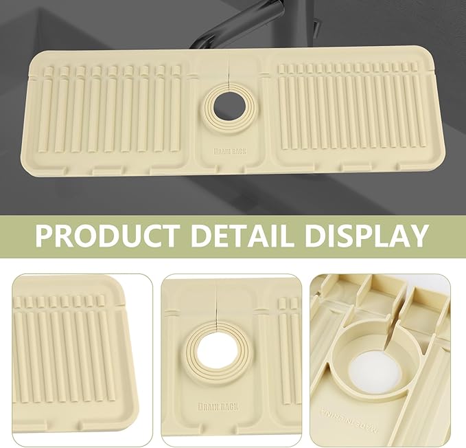 Faucet Mat for Kitchen Sink Splash Guard, 17.5"X5.5" Silicone Sink Splash Guard with Soap Holder, Snap-On Design & 7°slope Fast Drain, Perfect for Stone Sinks in Kitchen & Bathroom