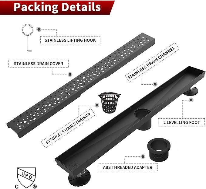 Sharp-tec Shower Drain, 28 inch Linear Shower Drain, Matte Black 304 Stainless Steel Rectangular Shower Floor Drain with Adjustable Leveling Feet, Hair Strainer, cUPC Certified, ST-099-28B
