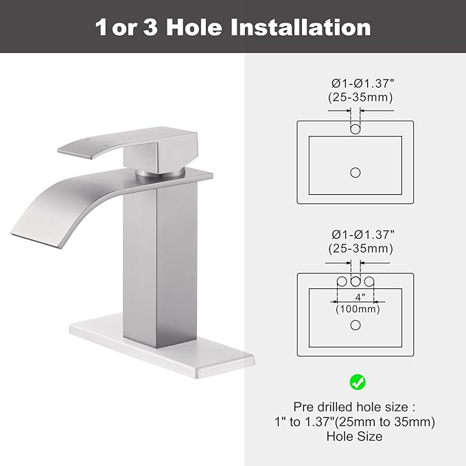 Waterfall Bathroom Faucet Brushed Nickel: ARCORA Single Hole Bathroom Sink Faucet Mixer Tap with Supply Lines and Pop Up Drain