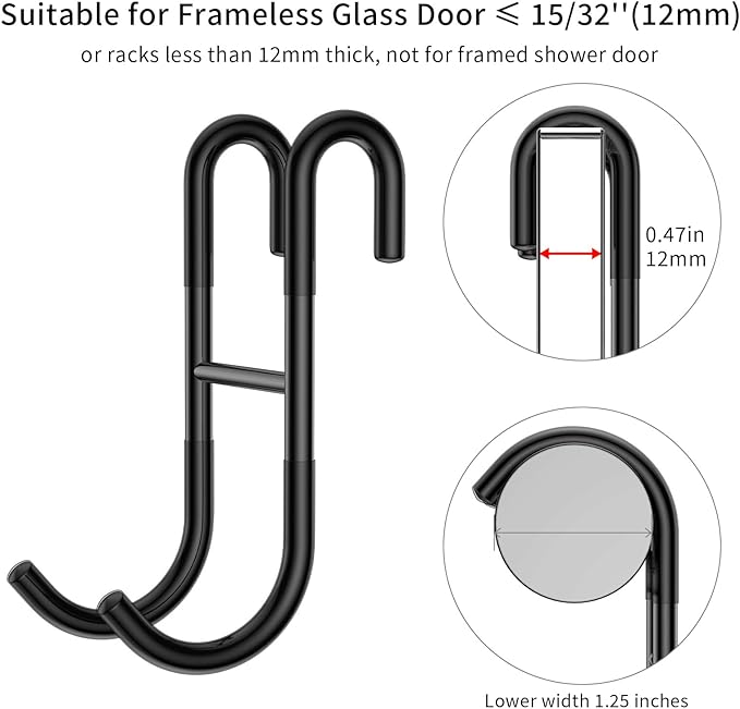 Over Shower Glass Door Hook, 304 Stainless Steel Rack Hooks, Frameless Bathroom Hanger Drilling-Free, Glue-Free Towel Hooks, 3 Pack, Black Shower Squeegee Hooks, for 0.47inch(12mm) Thickness Glass
