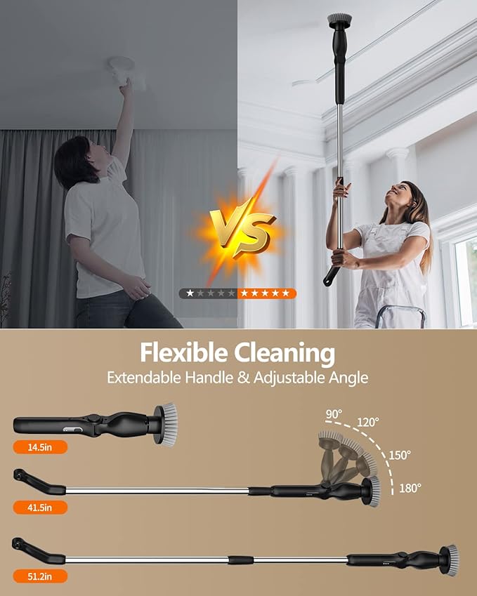 Leebein Electric Spin Scrubber, Cordless Cleaning Brush with 4 Adjustable Angles & 8 Replaceable Brush Heads, 2 Speeds & Remote Control, Long Handle Spin Scrubber for Bathroom Cleaning, Tub, Floor