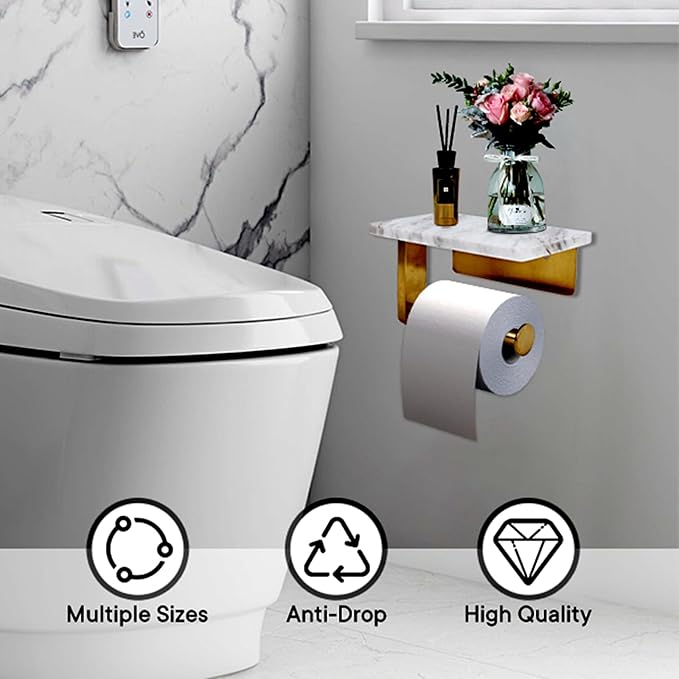 Toilet Paper Holder with Natural Marble Shelf for Bathroom Washroom,Wall Mounted Tissue Holder Suitable for Mega Roll (Brushed Gold, Small 6.7 * 4.3 in)