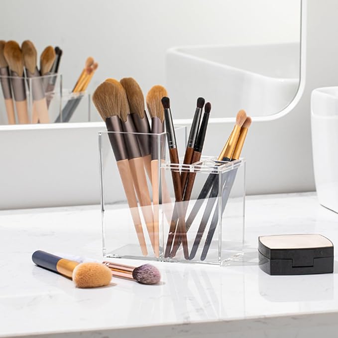 Clear Acrylic Toothbrush Holder, 5 Slots Bathroom Organizer, Countertop Storage Stand with Toothpaste Compartment