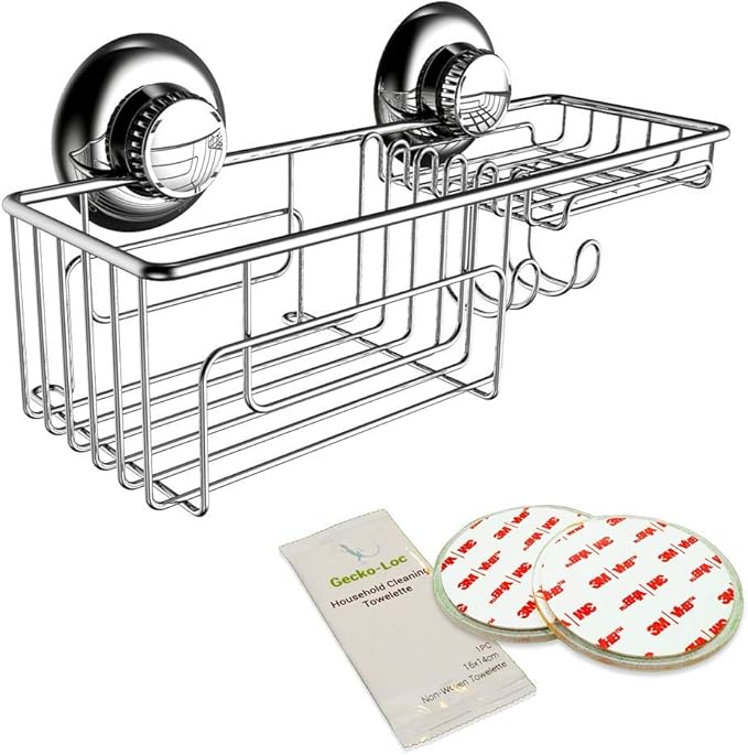 Gecko-Loc Large Combo suction cup wall mount bathroom shower caddy - shampoo storage basket shelf organizer caddie bath shelves - Silver
