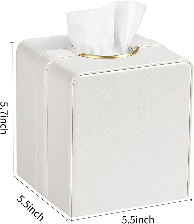 Luxury Square Tissue Box Cover, PU Leather Tissue Box Holder with Magnetic Closure and Gold Decorative Grommets for Bathroom Bedroom, Decorative Elegant Cube Tissue Holder (Cream)