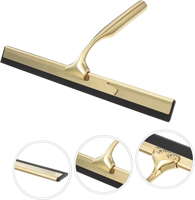 Shower Squeegee Deluxe Stainless Steel Wiper for Glass Mirrors Windows and Tiles Weighted Handle for Smooth Cleaning for Bathroom and Home Use Golden