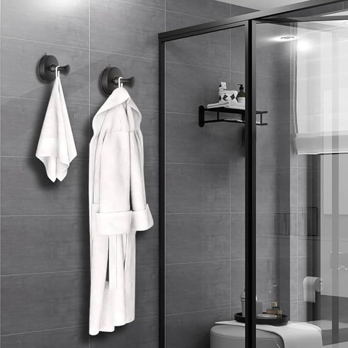 DGYB Suction Cup Hooks for Shower Set of 2 Removable Stainless Steel Towel Hook for Bathroom Glass Window Door Wall and Suction Wreath Hook for Hanging Robe, Loofah, Coat - Black